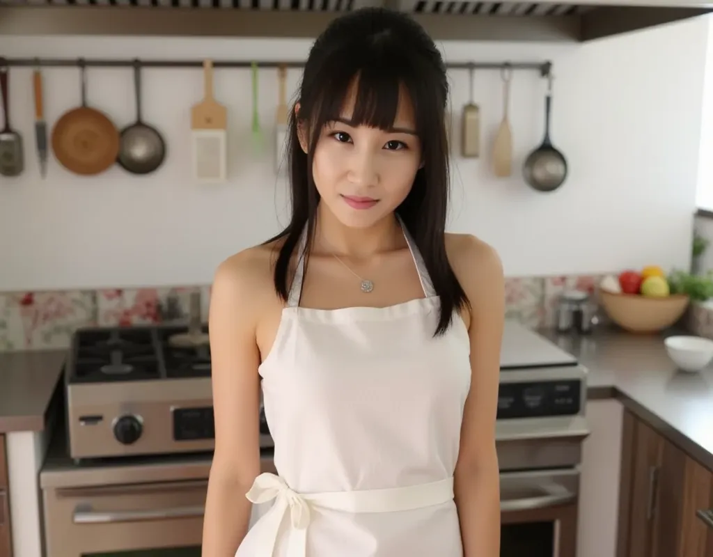  full body shot、(Real, Photo realistic), 1 girl, Asian, ponytail , I'm going to flip through Apron, Standing, In the kitchen, ,、Apron completely naked、see here、apron、 full body shot、