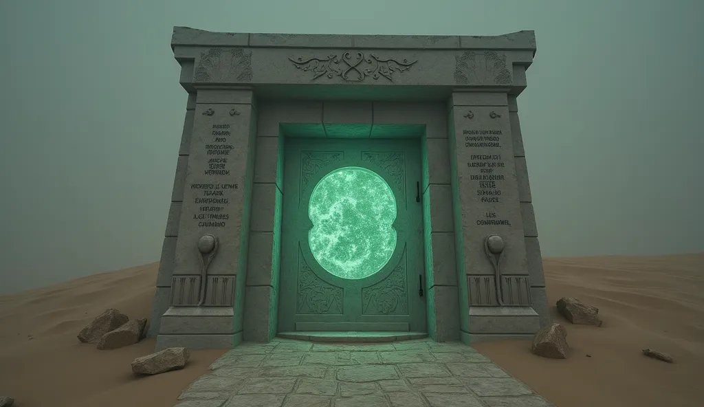 A portal that is closed with a green stone door with Egyptian ornaments, Its support columns are gray with scriptures in Portuguese the column on the left is written in  "DuaTH" and its right column is written "Pictures".  dark theme, Foggy with dark color...