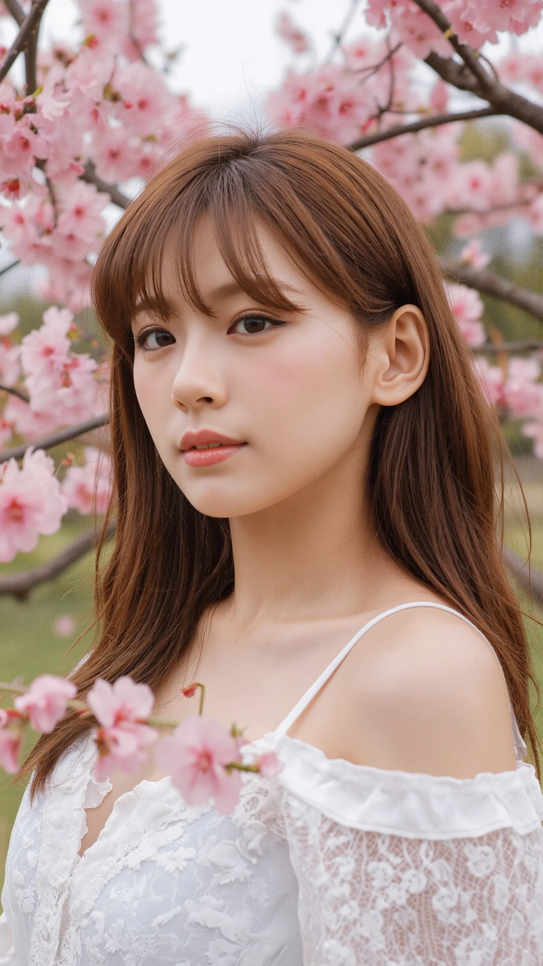 (realistic、as shown in the picture、live-action、8k, Photorealistic)、( cherry blossoms in full bloom:1.3)、(fitted off-the-shoulder white lace up dress:1.4、clothes that fit the body、Big Breasts、(( pink inner colored hair :1.1))、I can see the whole body of Jap...