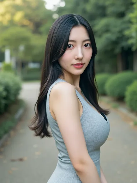 A photograph of a young Asian woman named konishi, with long, straight black hair, wearing a sleeveless, light gray dress with a black inner lining, standing outdoors in natural light.