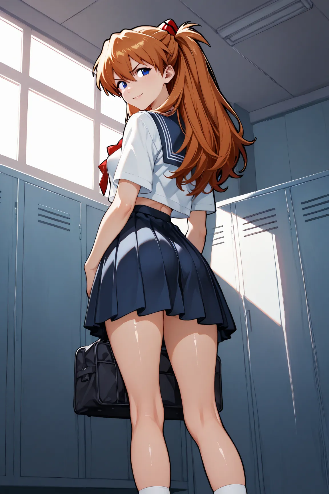 1 girl, solo, Highly detailed, slender legs, thin waist, anime, anime style, school locker room, normal sized body, shadows, sexy eyes, highly detailed eyes,, 8k, sexy face, small perky breasts,  anime style, black outline, bright colors, vibrant, Asuka La...