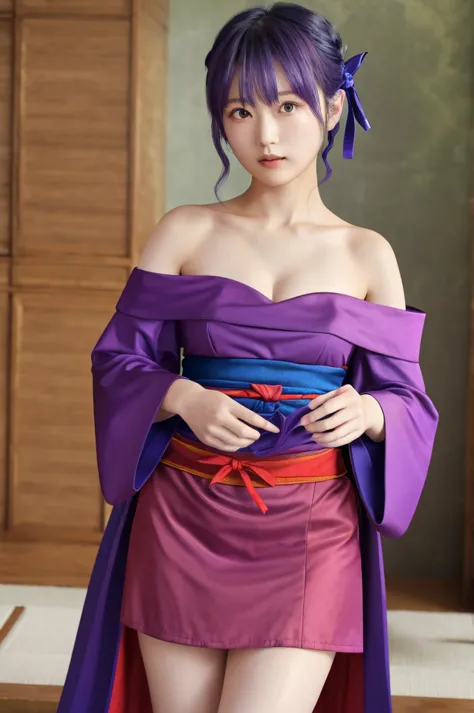 masterpiece、highest quality、High Resolution、1 girl、Ayane、band、 purple kimono 、 red ribbon、Off Shoulder、 thighs