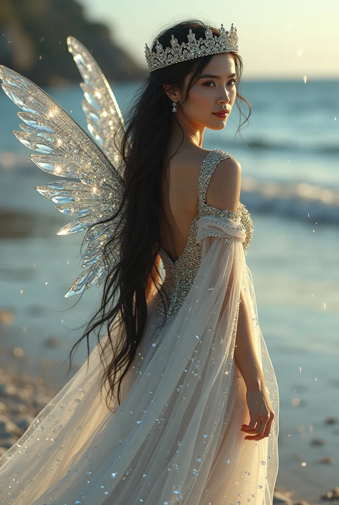  /Imagine beautiful photogenic fairy/smiling,Sensual , long black hair ,elf crown made of shiny stones /gemstone necklace attached to the medieval European dress with diamonds/long crystal cloak/long shiny transparent crystal boots/wings giant transparent ...