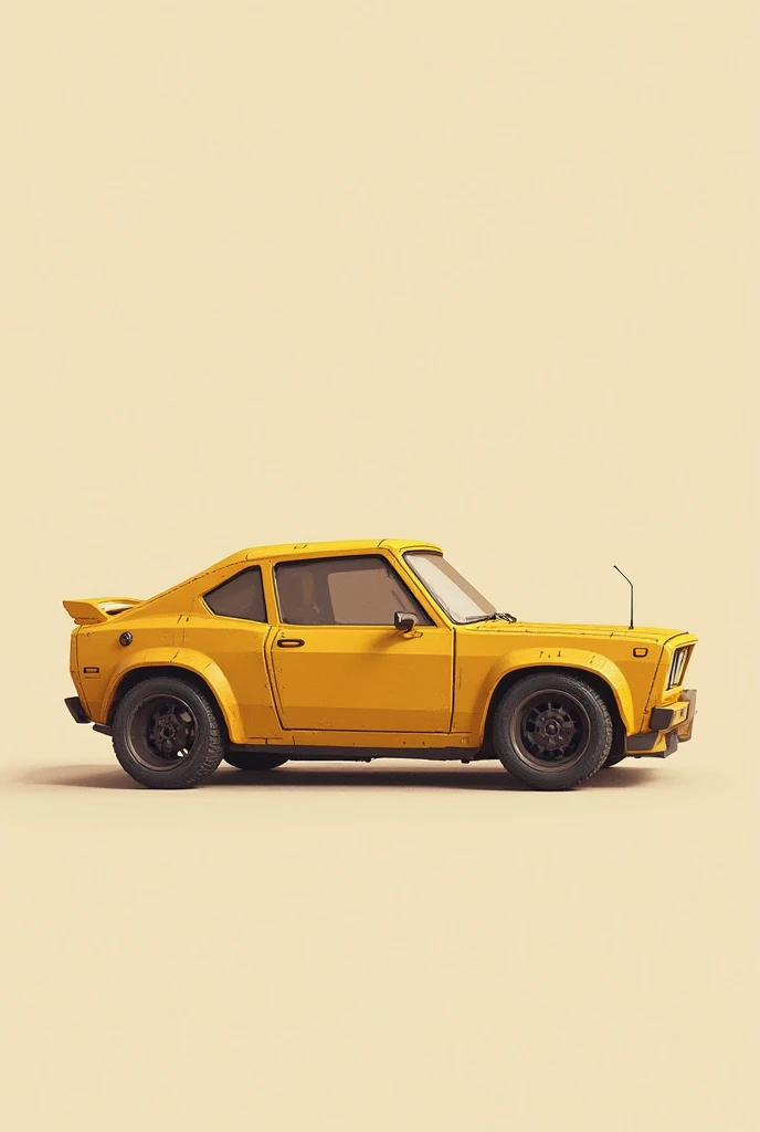 Digital illustration in cardboard style of a golden car, The car has a simple, square shape with defined lines and dark rims is shown in profile 