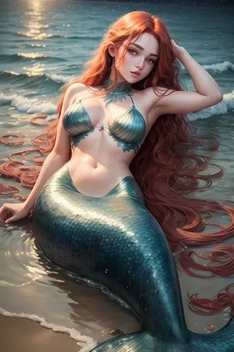 Absurd, ultra-detailed, high quality, masterpiece, beautiful face, eyes detailed, long reddish hair, the mermaid with no legs but in their place a mermaid tail, laying in shore , in ocean , moon light and clear sky with stars,