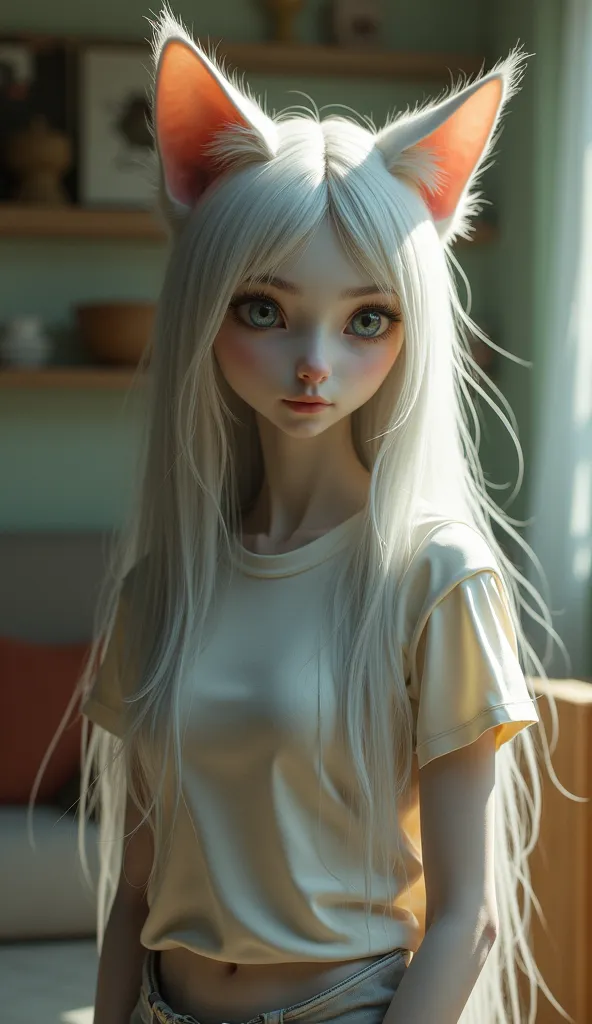 a female human with a gray cat's head, long white hair, smooth white skin, wearing a plain t-shirt, a comfortable home view, dynamic composition