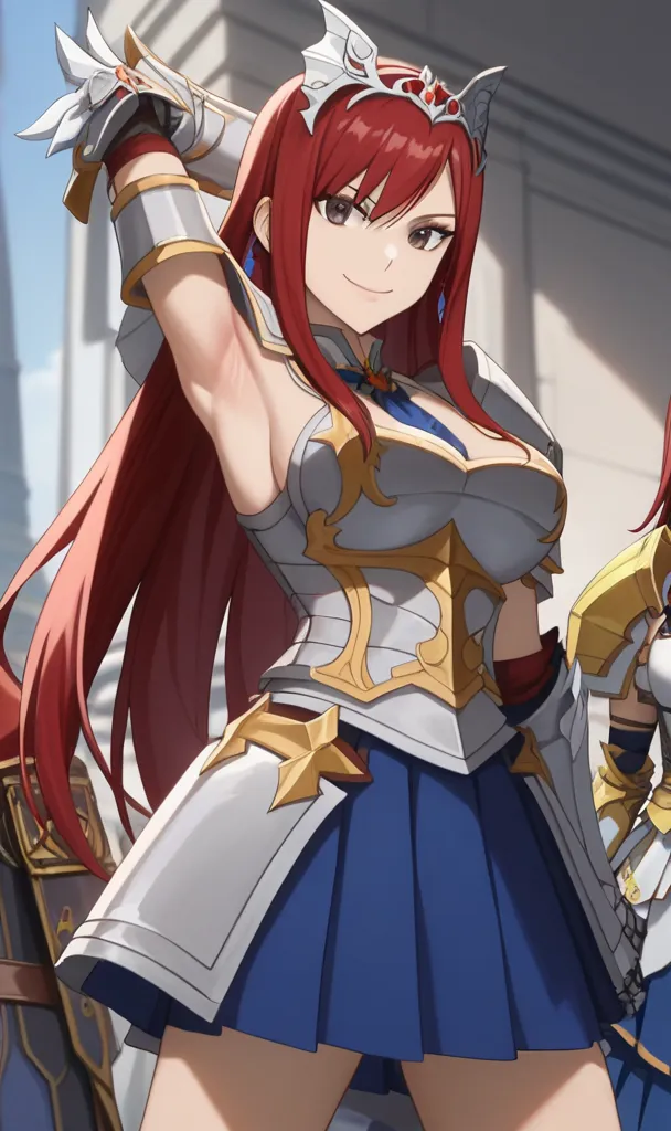 masterpiece, best quality, high resolution, absurdres, 1girl, Erza_Scarlet_First, brown_eyes, red_hair, long_hair, large_breasts, armor, breastplate, gauntlets, blue_skirt, pleated_skirt, armored_dress, shoulder_armor, spread armpit, arm up, armpit, lay ha...