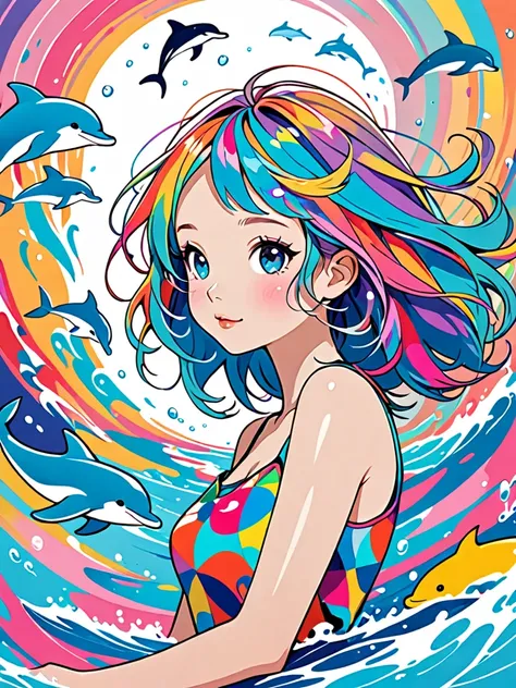  hyperrealism, Simple Line Acronym，Abstract art，Bertrand Arthur William Russell Style , Kawaii design , Pirate Girl, イルカ,