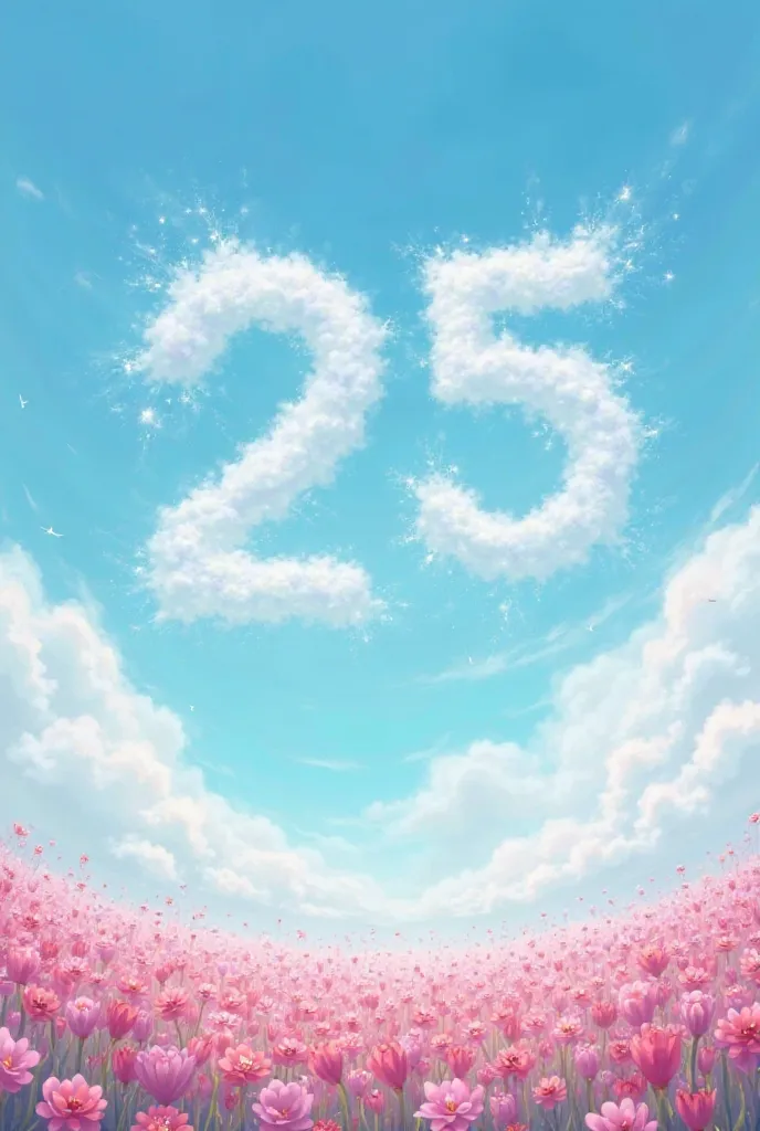 the sky with the letter “Young Xuan 25” is made of clouds and below there is a meadow with pink flowers 