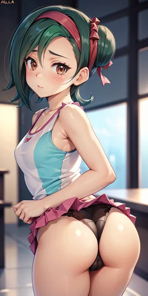  1 female,high definition,high resolution,  ultra-realistic  ,8K,hmkotori, short hair, multicolored hair, simple bun, headband, tank top, falda rosa, Skinny skirt  , mini fold,pleated skirt,European,sexy,close up of her upper body, photographed from the fr...