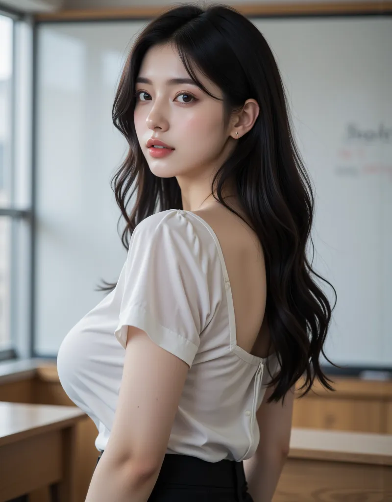 (A super sexy Korean female teacher is standing in front of a whiteboard with an attendance book:1.2)(Grinning,Spreading smiles)(Beautiful Makeup:1.1)(16k,  RAW photos , highest quality, masterpiece: 1.2)(Black wavy long hair:1.2) Super Detail, super resol...