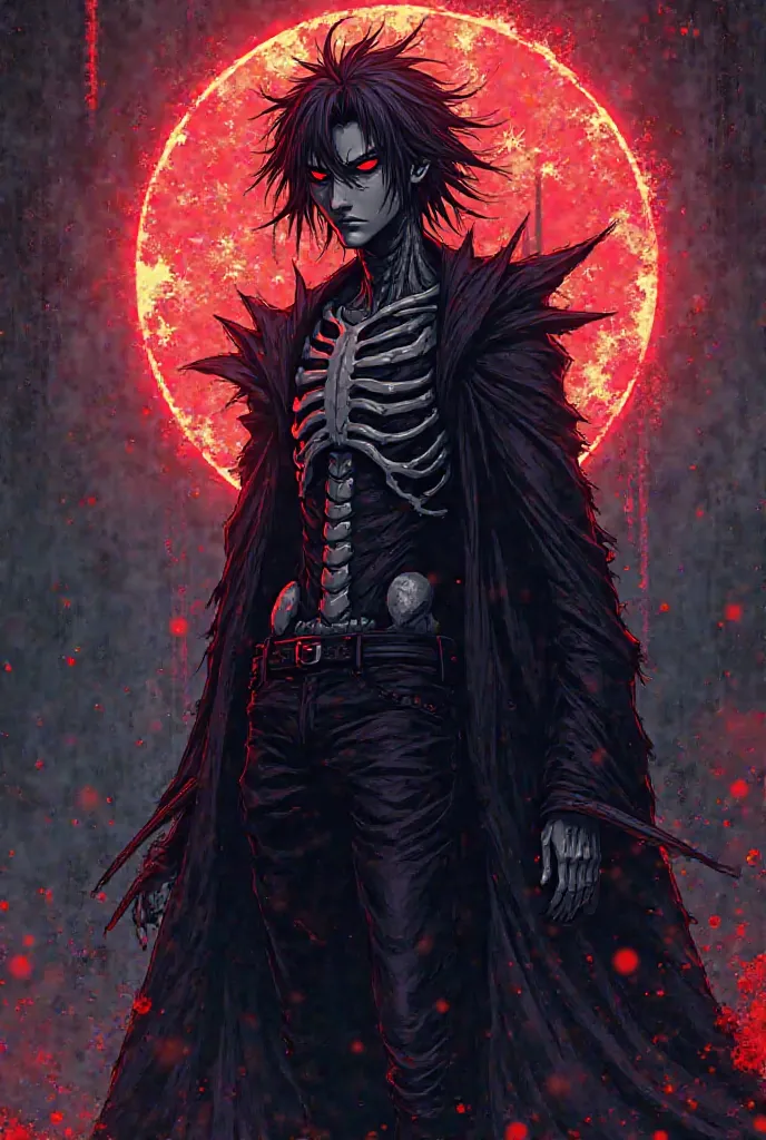 Give me a logo for my anime rock band called Shinigami with the figure of Ryuk with Japanese animation lights