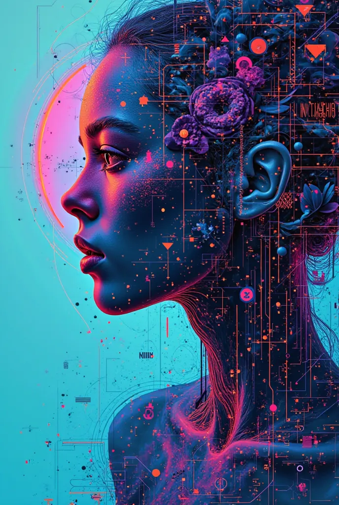 Create a futuristic and abstract artwork for a profile photo, mixing bold geometric shapes, vibrant neon colors and intricate patterns. The composition should appear dynamic and modern, with a mix of sharp edges and smooth curves. Incorporate elements such...