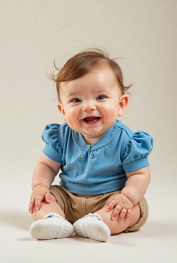 One year old baby , light brown hair, light brown eyes,  White , fatty, cheeky, blue blouse, and beige shorts, sapato  White , 