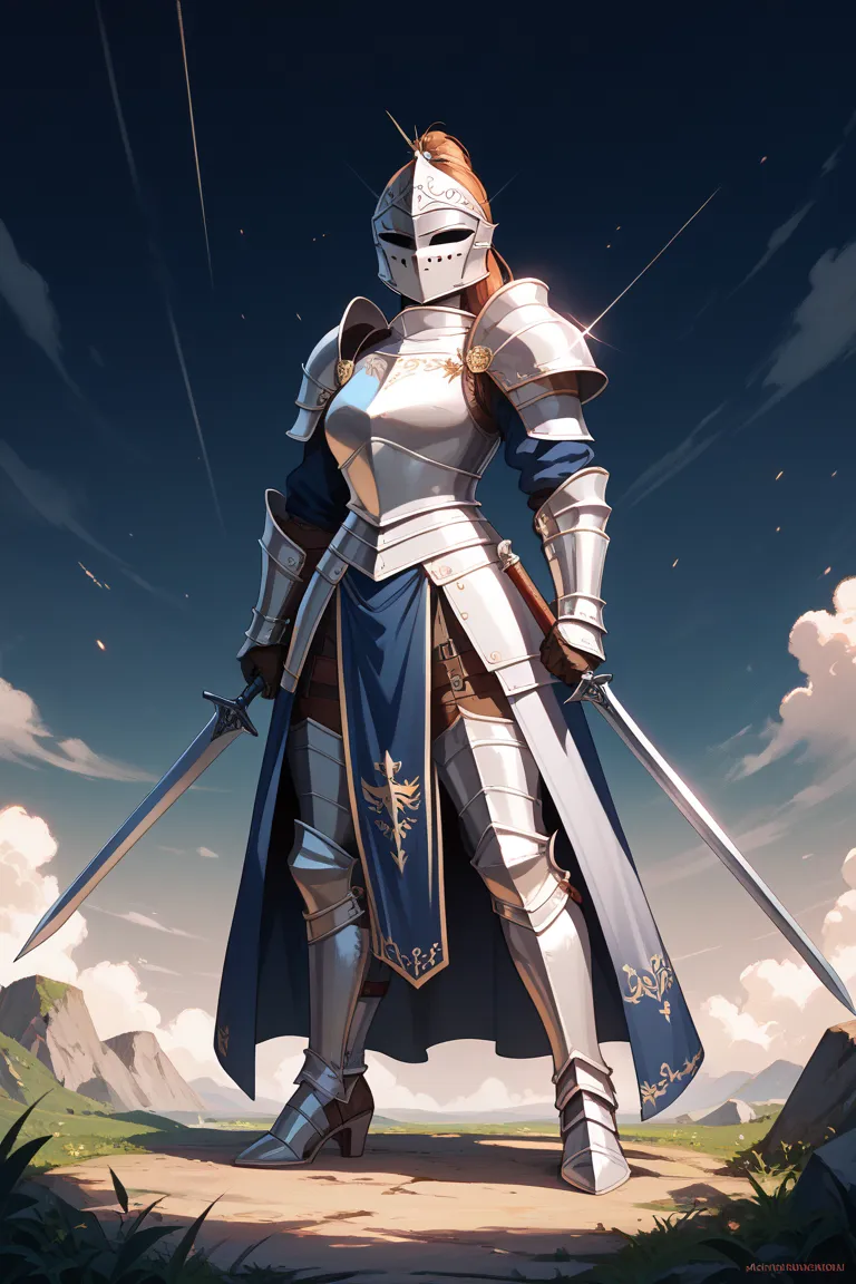 Heavy dressed female knight, full body armor, thick square face, severe facial scars