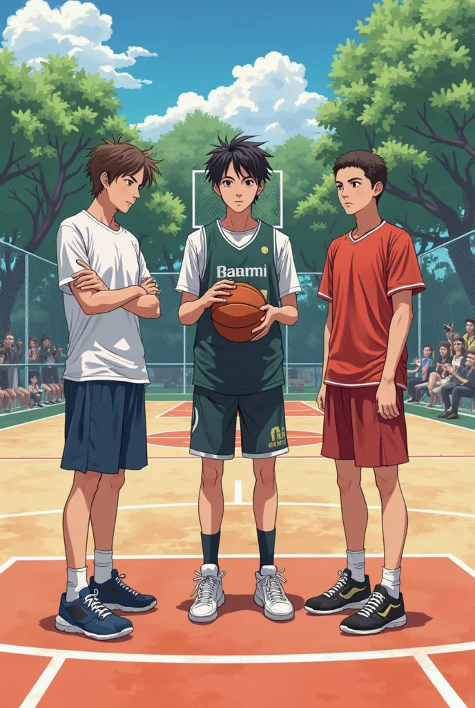 three people standing on a basketball court holding a book, 🚿🗝📝, dribble contest winner, 🔞🤡, nishimiya shouko, hayao miyazki, masahiro ito, 🤬 🤮 💕 🎀, by Kiyoshi Yamashita, kohei horikoshi, zeen chin and terada katsuya, competition winning