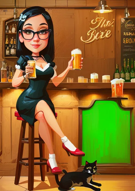 cartoon woman sitting on a stool with a cat and a beer, in a pub, in the pub, in a bar, stylized digital illustration, at a bar, drinking at the bar, sitting at the bar, caricature illustration, proffesional illustration, sitting at a bar, cartoon digital ...