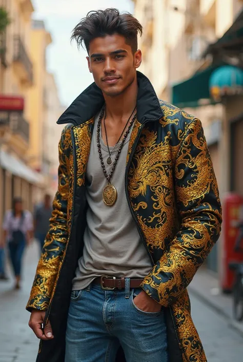 Young Brazilian man in his 20s,  black clothes,golden dragon print on the long coat, brown eyes, social straight hair, smiling,  jeans, brown skin