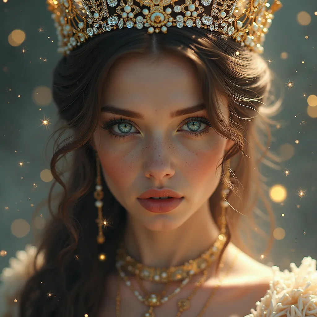 AA beautiful woman with blue eyes, wearing an elaborate crown made of pearls and jewels, surrounded by twinkling lights, in the style of fantasy art, ethereal and magical, hyper-realistic photography