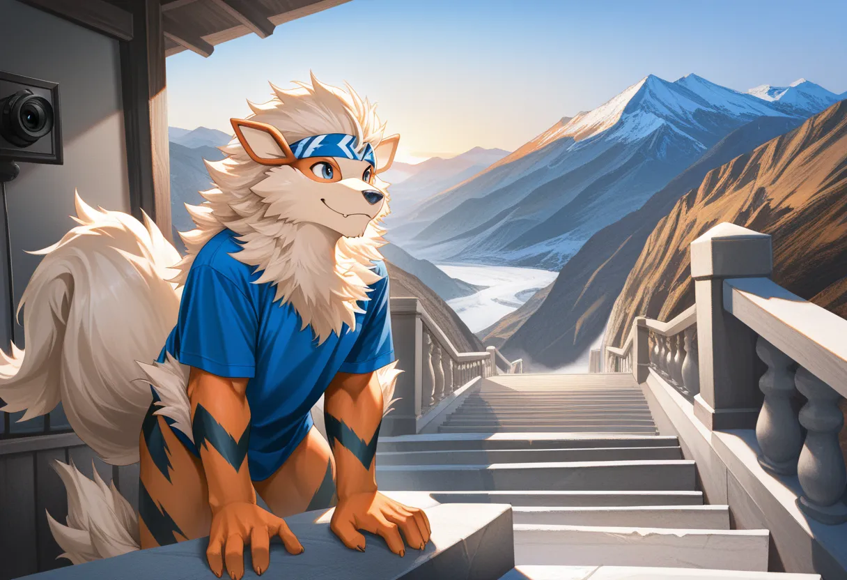 correct anatomy, Various facial details, Eyes details, arcanine, beard, wave hand, stairs, mountain, morning, expect, smile, blue sport shirt, headband, cartoon, by lindong, by null-ghost, (masterpiece), (16K), HD, high resolution, high quality, fullbody p...