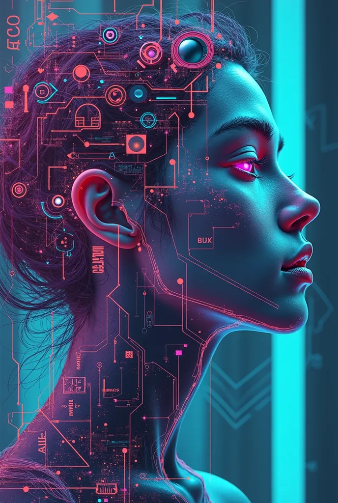 Create a futuristic and abstract artwork for a profile photo, mixing bold geometric shapes, vibrant neon colors and intricate patterns. The composition should appear dynamic and modern, with a mix of sharp edges and smooth curves. Incorporate elements such...