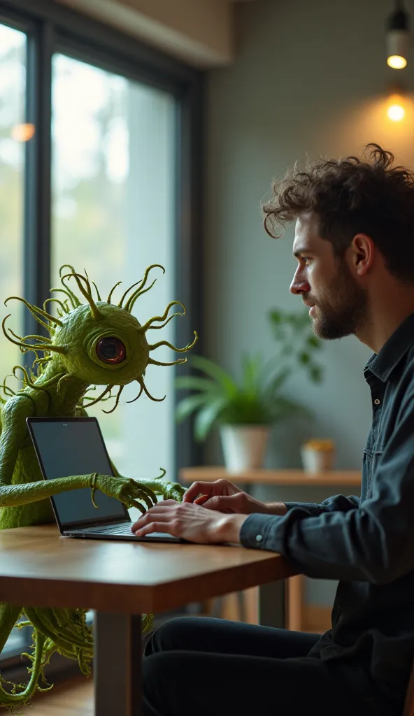 Prompt

Hyper-realistic A man in his 40s is 
working on a laptop at a dining table in
 a well-lit, modern apartment. Sitting 
beside him is a strange, plant-like creature
 with tendrils, glowing sap-like fluid, and a
 single large eye. The creature is typi...