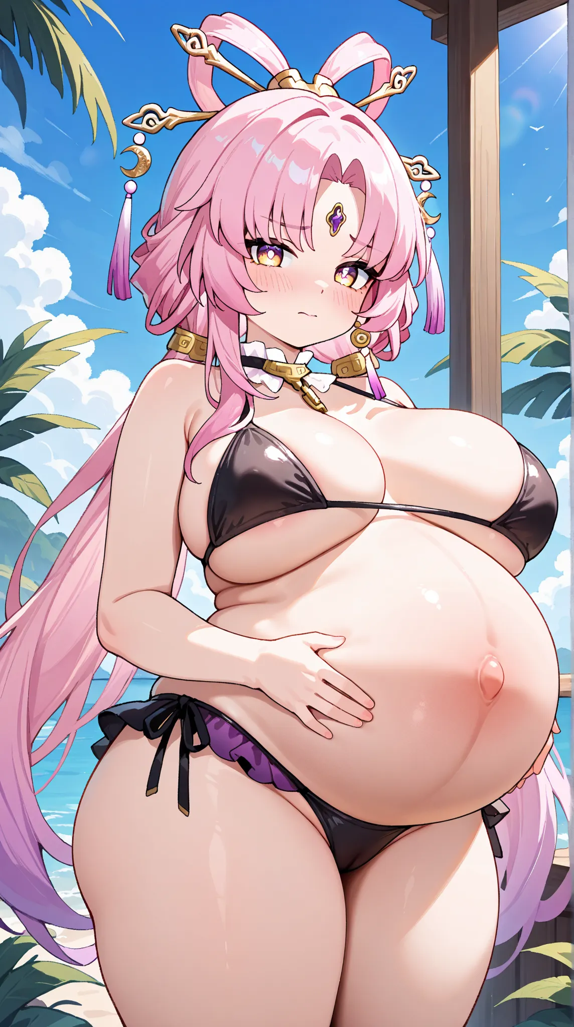 
1girl, solo, long hair, looking at viewer, blush,  yellow eyes, pink hair, large breasts,thick thighs, parted bangs, low twintails, forehead jewel, bow-shaped hair, fu xuan (honkai: star rail), cowboy shots,outdoors, chubby,embarrassed,pregnant,black biki...