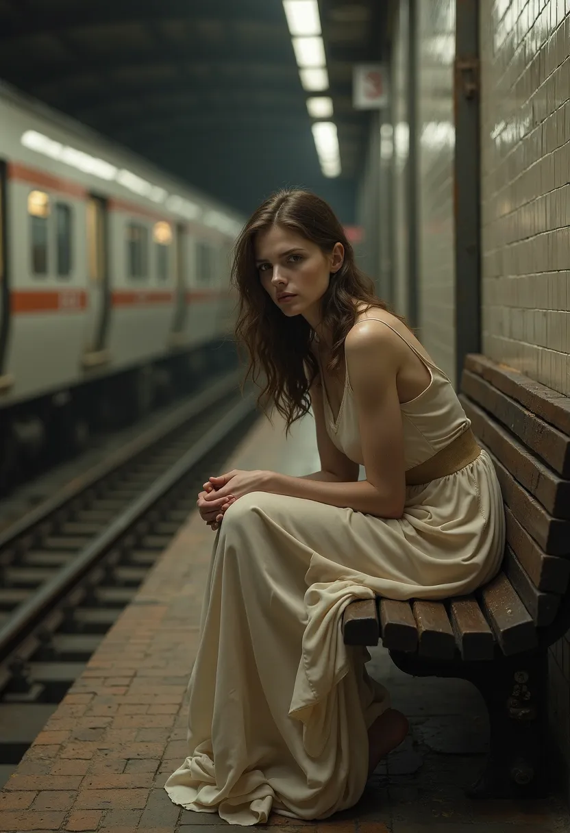 A vintage-style image of a woman dressed in a dress.  sitting on a bench, with a sad posture, tired and crestfallen. At a subway station, watching the train go by.