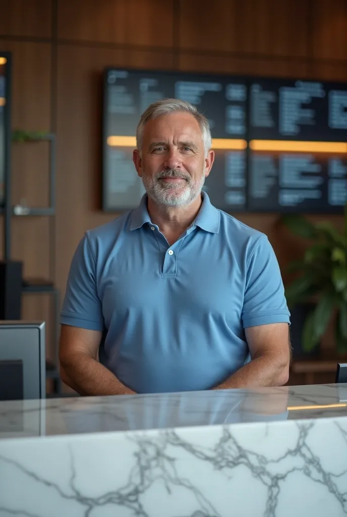 Man of 45 years, blue polo t-shirt, behind a counter, with a rear-facing monitor, marble background, Reception of a building, Hand extended to greet