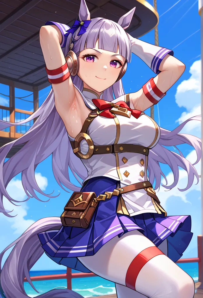 score_9, score_8_up, score_7_up, solo, 1girl, gold ship umamusume, purple eyes, grey hair, horse ears, blunt bangs, long hair, horse tail, red bow, armband, double-breasted, white gloves, white pantyhose, thigh strap, large_breasts, armor, breastplate, gau...