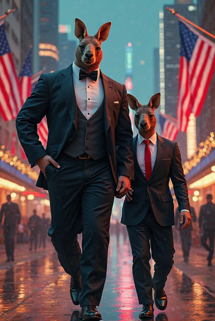 "An ultra-realistic digital painting of a tall, muscular figure in a black tuxedo with a bow tie, walking confidently beside a shorter man in a suit with a red tie. The taller figure has the head of a kangaroo, symbolizing the strength and pride of Austral...