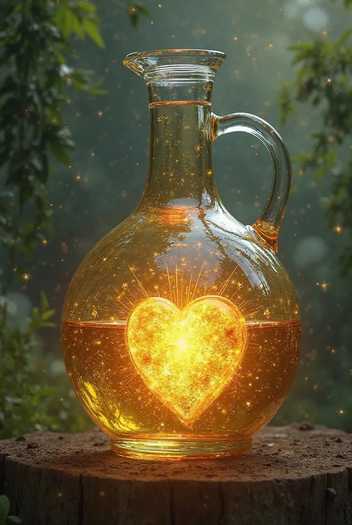 Gaia's heart inside a glass oil Jug producing a oil