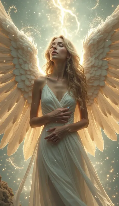 A woman wrapped in the big wings and light of angels、 Fantastic、aesthetic