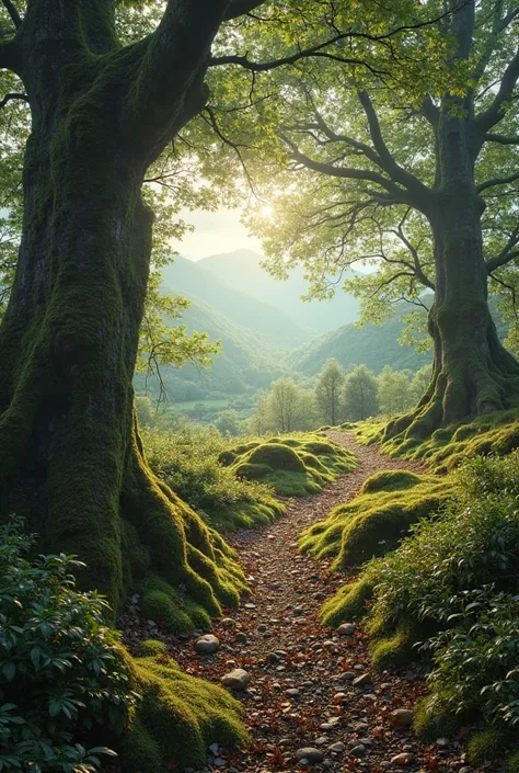 "Create a vertical image (format 9:16) da Floresta de Tollymore, in Northern Ireland, capturing its magical and mysterious atmosphere. Show a trail meandering between old and tall trees, with moss covering rocks and exposed roots. Add rays of soft light fi...