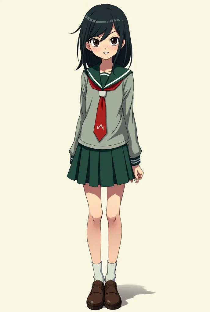 generates an image: Boku no hero Academia MHA drawing style, Tall girl with pale white skin,  freckles on cheeks and nose, pointed teeth, big black eyes torn and right eye red. Gray school uniform with green and white shirt and red tie, green skirt and bro...