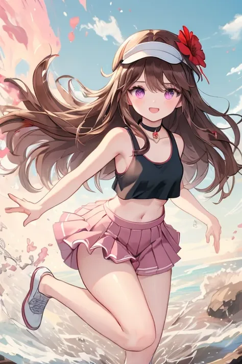  an anime girl,  Pink Eyes, long dark brown hair , (( dark brown hair )),  pink sportswear, good face, cute body, big arms and legs, pleated pink skirt, pink sports skirt, ((Black fitted short top )), Square black sleeveless fitted compression crop top, [[...