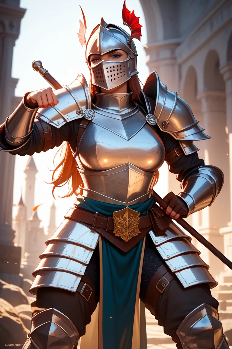 Female Knight, Strict Face with Wounds, Square Cuts, Huge Muscles