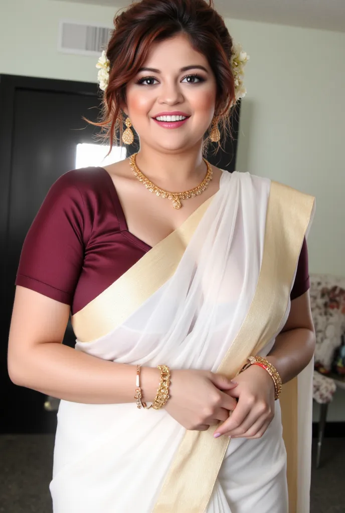 Create a curvy figure woman, dressed in a traditional saree that accentuates her full breasts and hips. She wears a white saree with a golden border paired with a fitted maroon blouse. Her look is enhanced with traditional gold jewelry, including a layered...