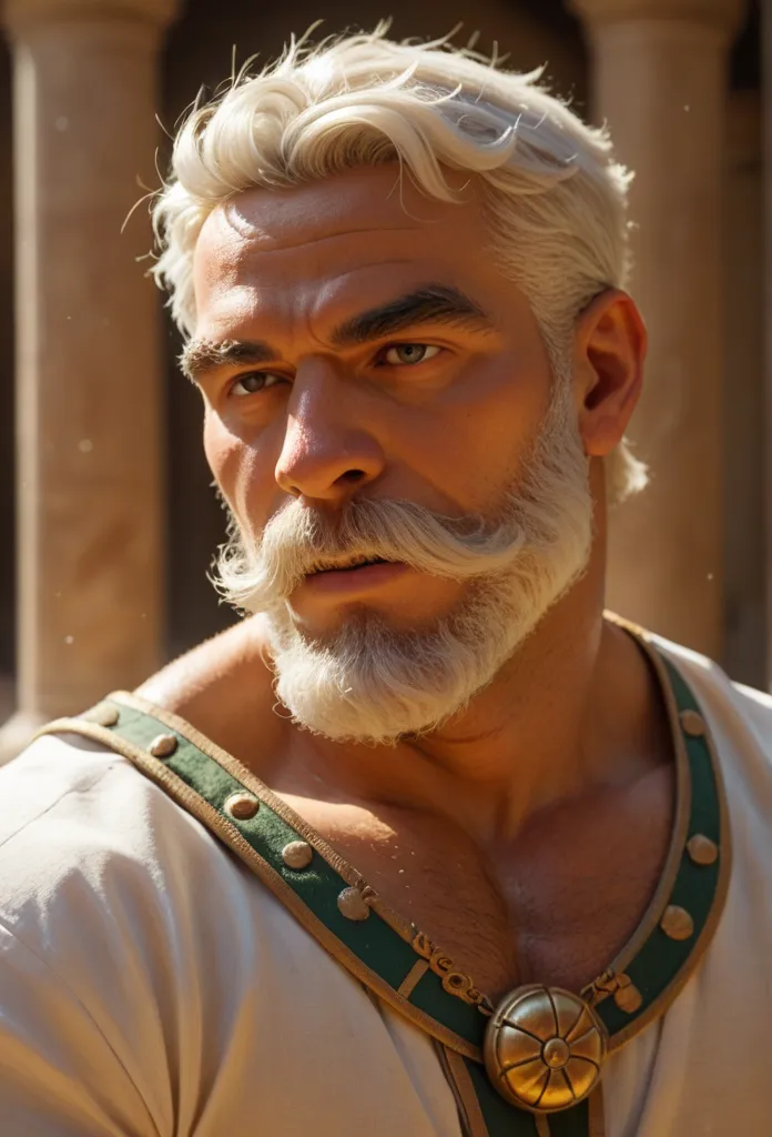  Pythagoras to the Greek man,(Middle-aged adult, Clothing;Ancient Greek tunic,mustache and long white beard; white,  White hair, Bell hairstyle) in a scenario of Greek structures,Midday view of the sun 