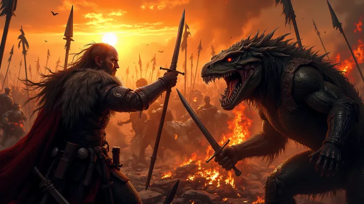 Against the backdrop of a burning sunset, Russian warriors in chainmail and fur cloaks clash fiercely with intelligent lizardmen. The warriors wield swords and spears, their faces filled with determination. The reptilian creatures have scaly skin, sharp fa...