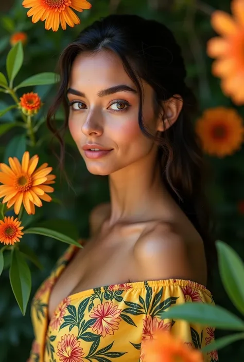 A Brazilian woman in a lush tropical garden,  wearing an open shirt with floral print, with a close up capturing the harmonious beauty between your breasts and the natural flowers, showing her natural charm and outgoing personality.