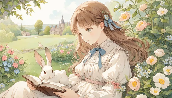  Beatrix Potter style picture book illustration, A girl reading a book in a garden where flowers bloom,There is a baby rabbit next to it , The illustrations are charming and delicate, Gentle colors,details