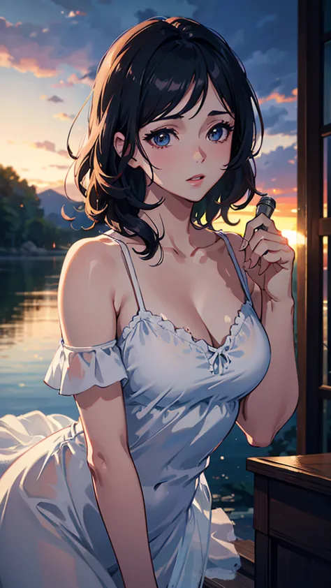 anime、A woman sings Portuguese fado while wearing a white camisole with her shoulders sticking out and holding a microphone, Curly hair for medium hair、best quality, 4K, 8k, high resolution, masterpiece, ultra-detailed, realistic, photorealistic, photo-rea...