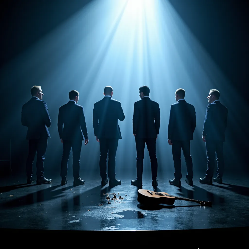 a famous band is standing on the stage, each member is facing a different direction and、instrument that symbolizes disconnection has been abandoned, despite the spotlight shining、The.