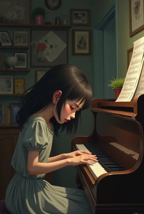 Create a picture a girl trying to be perfect on playing piano but failed after practicing long time . She is struggling