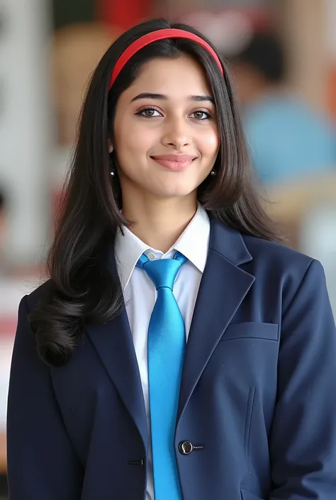 ( Masterpiece,  top quality:1.5), 
 1 girl,  alone,
Bust,  front view looking up from a little below,  looking straight at the viewer .,
 She's wearing a dark blue school blazer 、 white shirt、 wearing a bright blue  tie ., 
Glossy, straight, black hair ,  ...