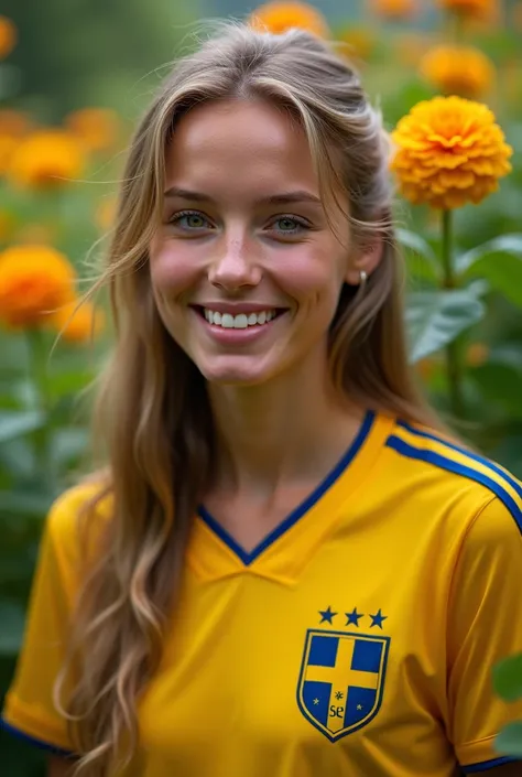 A young Swedish woman in a lush garden, wearing a short jersey of the Swedish national team , with a close up capturing the harmonious beauty between her breasts and natural flowers, showing her natural charm and outgoing personality.