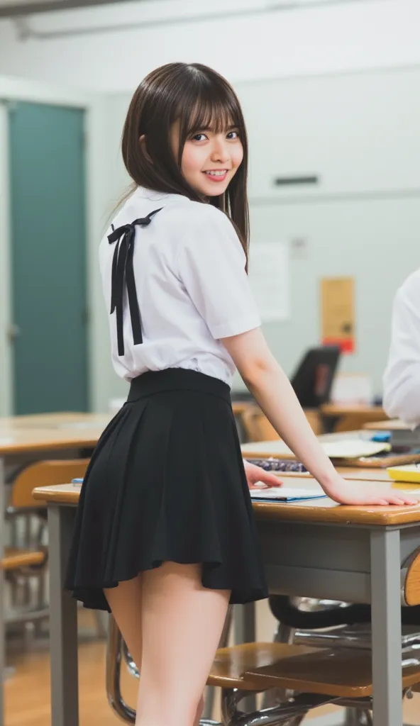  beautiful girl , natural body shape,Innocent,   REAL SKIN WITHOUT MAKEUP   ,  extremely detailed colors ,   super precise  ,  Natural look  ,((full body)),   soft fabric without shine   、(( シンプルな無地の high school girl uniform)), {x} ,Magazine photoshoot,  f...