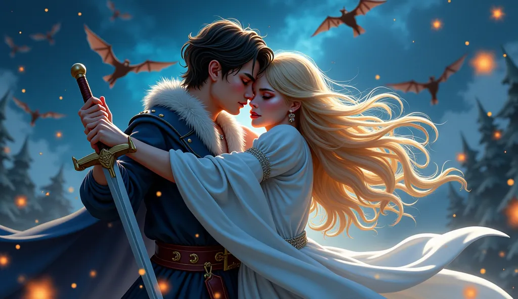  fantasy。Attacked by many flying demons、A young man who hugs a beautiful blonde woman crying and closes her eyes while fighting with a sword with an angry face。Stars that shine like crystals at night。4K