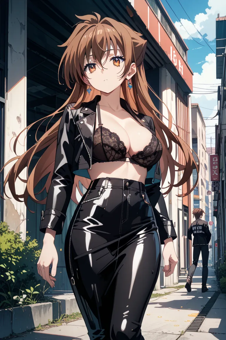 1 girl,Issei hodou,brown hair,long hair, honey-colored eyes,big breasts, expressionless face ,hair between the eyes,black leather jacket,black latex bra, black latex skirt, black heels,apocalyptic environment,the best quality, masterpiece, 